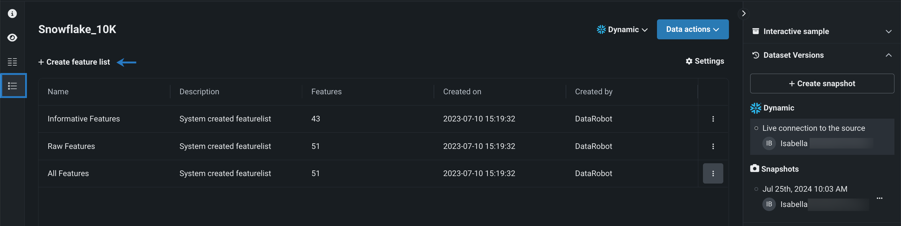 Feature list tab open in the data explore view
