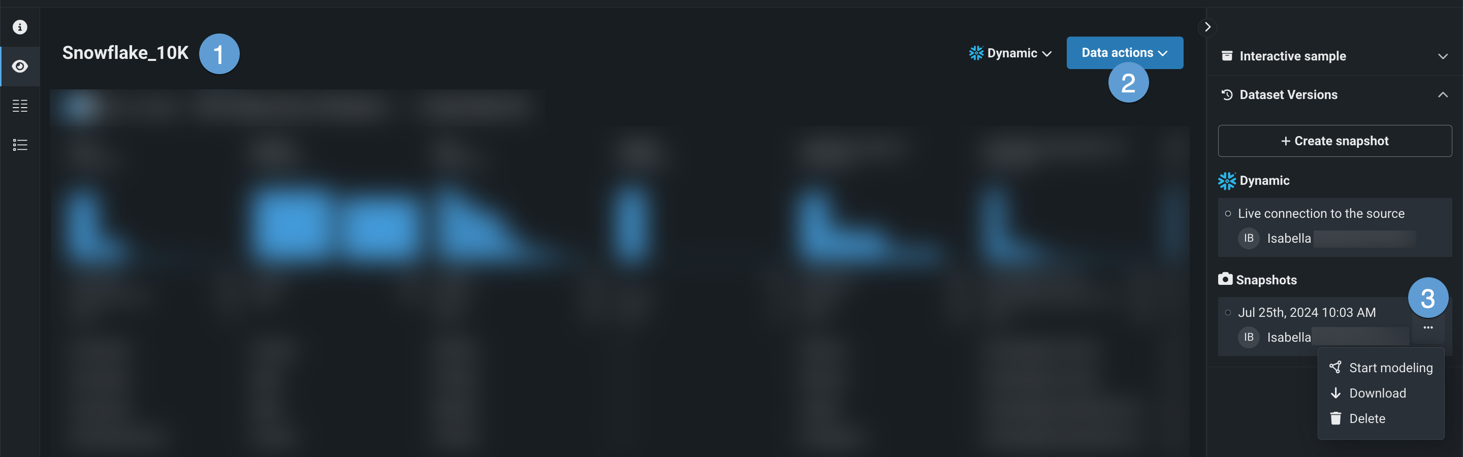 Available dataset actions from the data explore view.