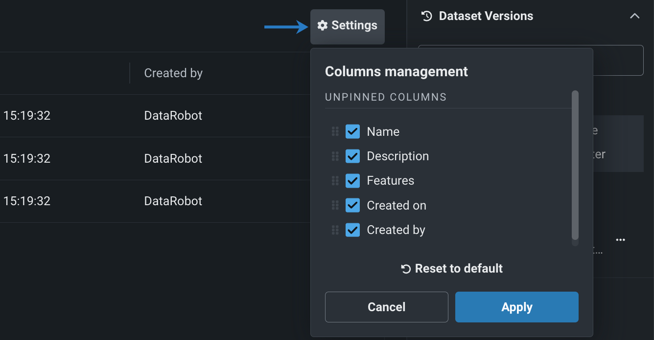 Open feature list column settings.