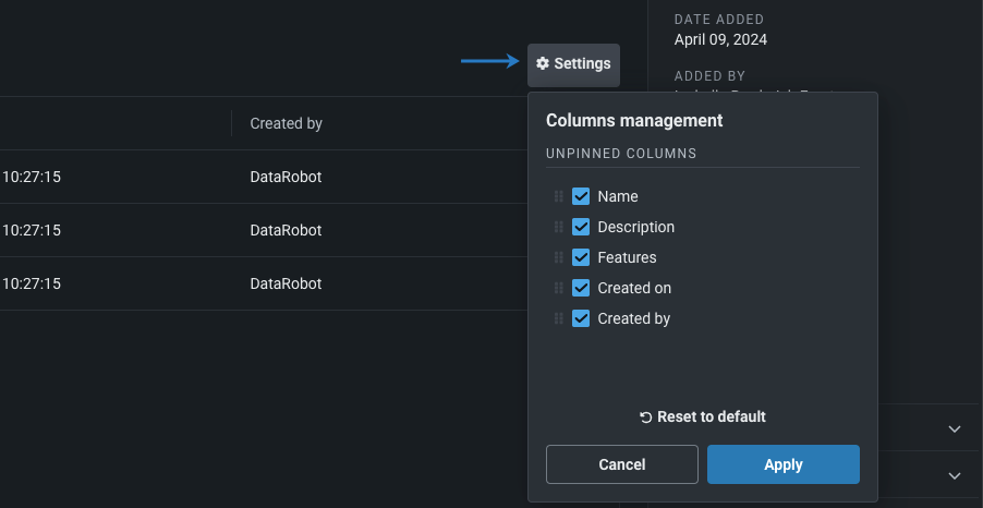 Open feature list column settings.
