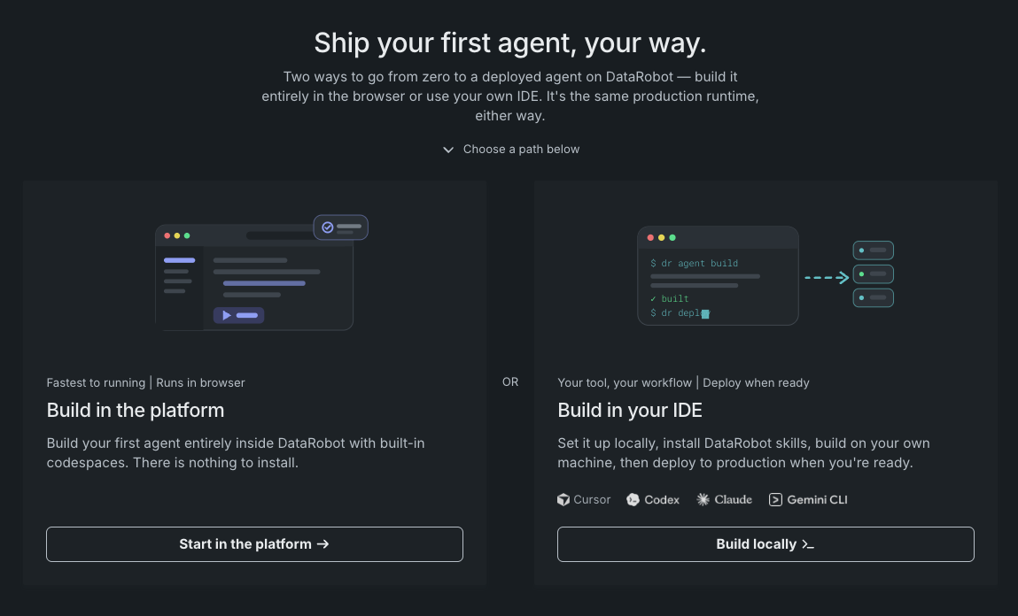 Trial onboarding page with two build paths