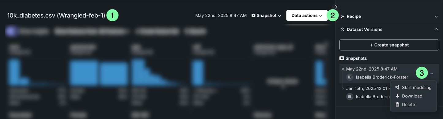 Available dataset actions from the data explore view.